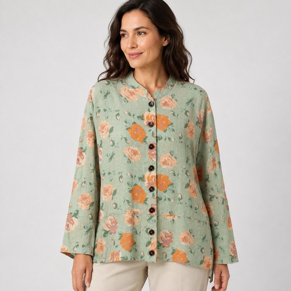 Vintage Kiko Linen Tunic Shirt OS Mint Green Floral Long Sleeve Mandarin Collar